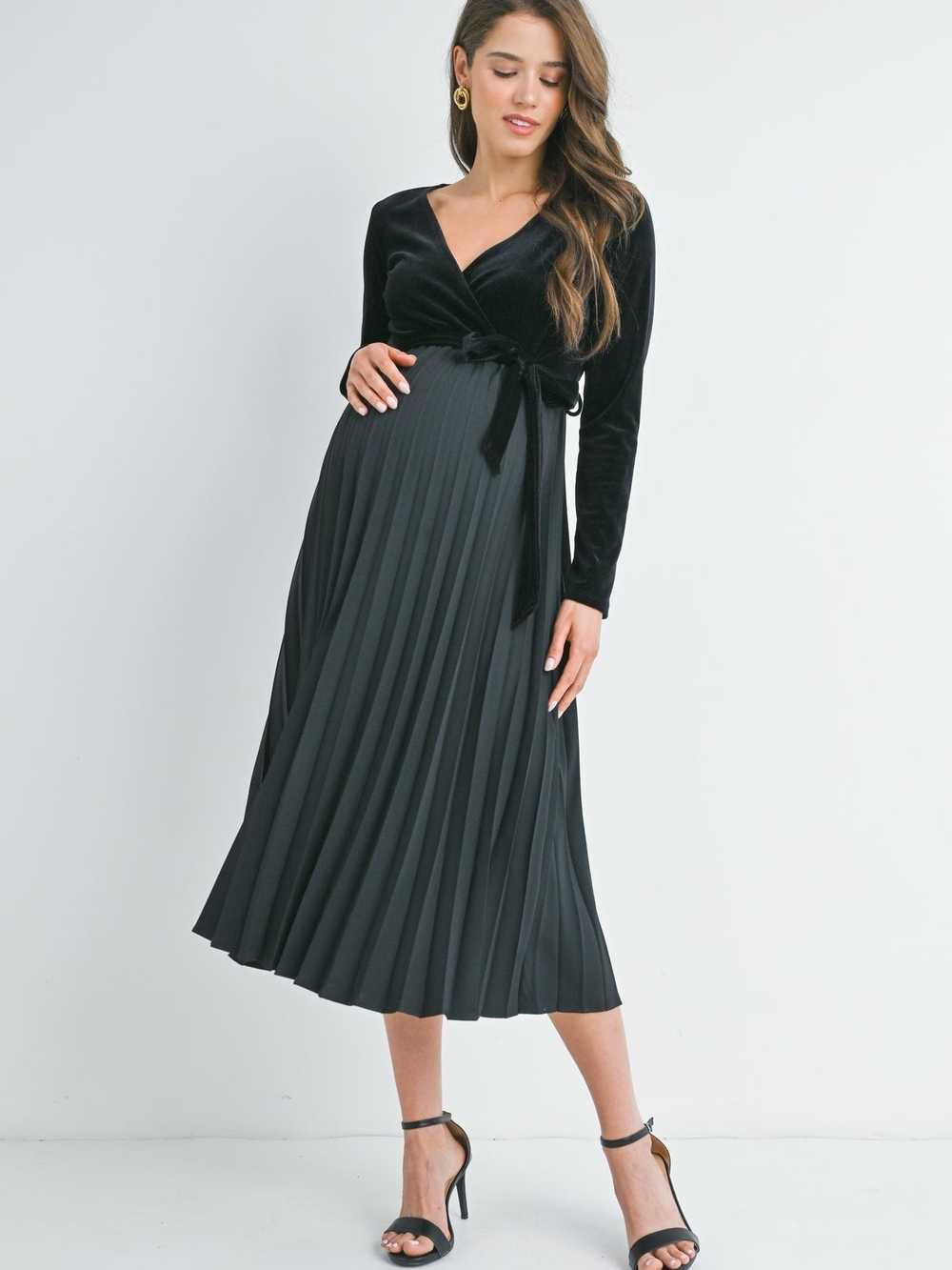 Hello Miz V-Neck Wrap Pleated Maternity Dress